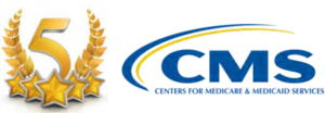 Graphic showing a 5 star rating along with the logo for Centers for Medicare & Medicaid Services