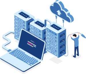Illustration of a person working near a large laptop connected to larger computer servers