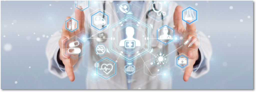 Graphic showing a medical professional with arms spread out with various medical icons floating between his hands.