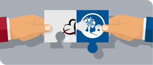 Illustration of two hands holding connected puzzle pieces. One piece shows the Mary Lanning Healthcare logo and the other puzzle piece shows the Orchard Software logo.