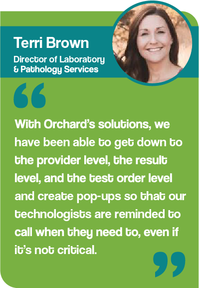 Graphic showing a quote from Terri Brown, Director of Laboratory & Pathology Services at Mary Lanning Healthcare. "With Orchard’s solutions, we have been able to get down to the provider level, the result level, and the test order level and create pop-ups so that our technologists are reminded to call when they need to, even if it’s not critical." 