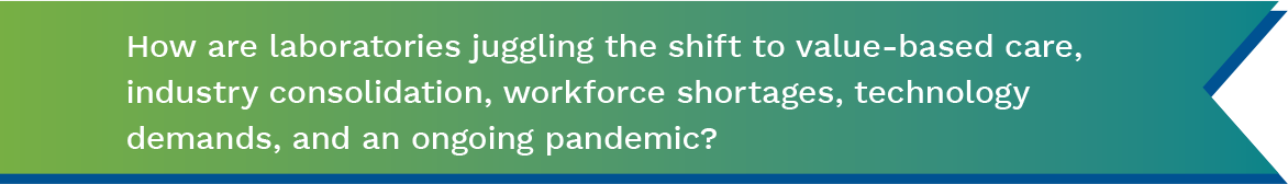 Graphic showing the title "How are laboratories juggling the shift to value-based care, industry consolidation, workforce shortages, technology demands, and an ongoing pandemic?"