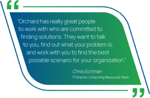 Graphic showing a quote from Chris Eichman, Information Technology Director of the Computing Resources Team at NCSUCVM. "Orchard has really great people to work with who are committed to finding solutions. They want to talk to you, find out what your problem is, and work with you to find the best possible scenario for your organization”