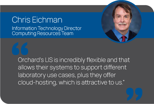 Graphic showing a quote from Chris Eichman, Information Technology Director of the Computing Resources Team at NCSUCVM. "Orchard’s LIS is incredibly flexible and that allows their systems to support different laboratory use cases, plus they offer cloud-hosting, which is attractive to us.”