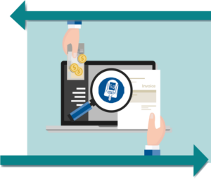 Graphic showing an invoice with a magnifying glass highlighting a point-of-care test icon.