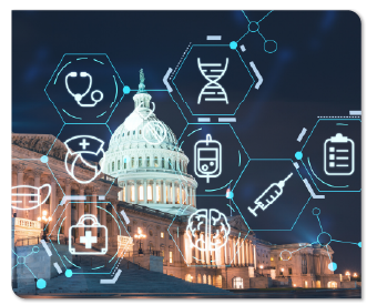 Photo of government building with healthcare icons on top of the photo