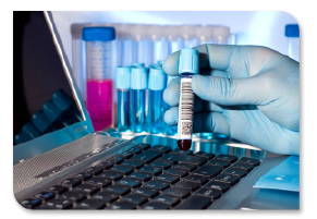 Photo of a gloved hand holding a test tube filled with a red liquid