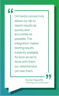 Graphic showing a quote from Nicole Paquette, Pathology and LIS Manager at Angell Animal Medical Center. "Orchard's connectivity allows our lab to report results as quickly and accurately as possible. They integration makes testing results instantly available. As soon as we're done with them, our veterinarians can see them."