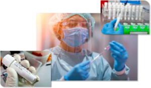 A group of photos showing a gloved handing holdinga HPV sample, a medical technician with a syringe, and a medical technician with a pipette and a sample.