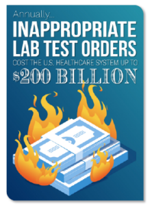 Graphic of stacks of money on fire with text "Annually....Inappropriate Lab Test Orders cost the US Healthcare System up to $200 Billion