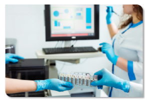 Gloved hand giving a rack of test tubes to another gloved hand