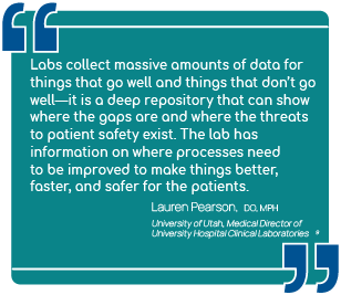 Graphic showing a quote from Lauren Pearson, DO, MPH, Medical Director of University Hospital Clinical Laboratories, University of Utah. "Labs collect massive amounts of data for things that go well and things that don't go well - it is a deep repository that can show where the gaps are and where the threats to patient safety exist. The lab has information on where processes need to be improved to make things better, faster, and safer for the patients."