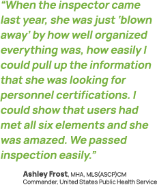 Graphic showing a quote from Ashley Frost, Commander of United States Public Health Services. "When the inspector came last year, she was just 'blown away' by how well organized everything was, how easily I could pull up the information that she was looking for personnel certifications. I could show that users had met all six elements and she was amazed. We passed inspection easily."