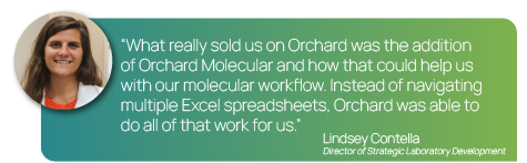 A graphic showing a quote from Lindsey Contella, Director of Strategic Laboratory Development at Luxor Scientific. "What really sold us on Orchard was the addition of Orchard Molecular and how that could help us with our molecular workflow. Instead of navigating multiple Excel spreadsheets, Orchard was able to do all of that work for us."