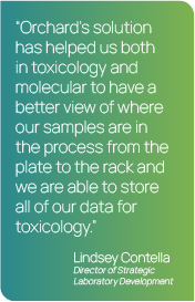 A graphic showing a quote from Lindsey Contella, Director of Strategic Laboratory Development at Luxor Scientific. "Orchard's solution has helped us both in toxicology and molecular to have a better view of where our samples are in the process from the plate to the rack and we are able to store all of our data for toxicology."