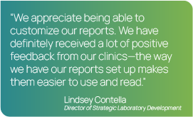 A graphic showing a quote from Lindsey Contella, Director of Strategic Laboratory Development at Luxor Scientific. "We appreciate being able to customize our reports. We have definitely received a lot of positive feedback from our clinics - the way we have our reports set up makes them easier to use and read."