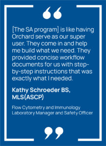 Graphic showing a quote from Kathy Schroeder saying, "[The SA program] is like having Orchard serve as our super user. They come in and help me build what we need. They provided concise workflow documents for us with step-by-step instructions that was exactly what I needed."