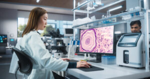 Photo of a Pathologist looking at a slide image on a computer screen.